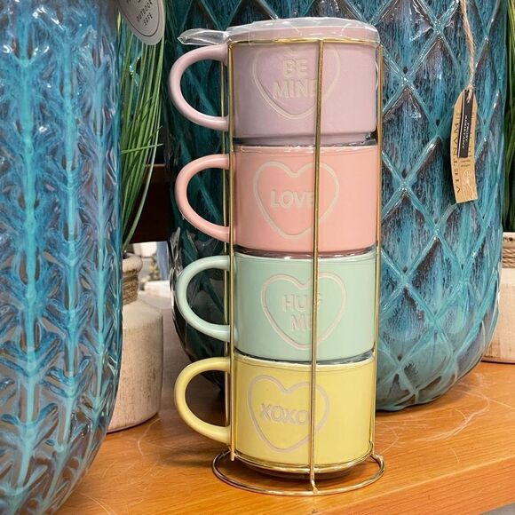 NWT Eccolo Set of 4 Stackable Mugs with Gold Rack White Hearts & Letters Pastel - Picture 3 of 11